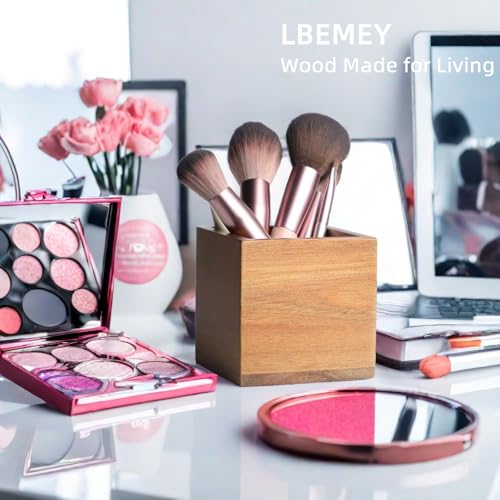 LBEMEY Acacia Wood Makeup Brush Holder Organizer for Vanity,Pen and Pencil Holder for Desk,Desktop Organizer for Store Mar...