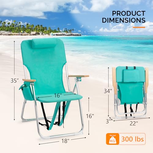 VINGLI 17" Tall Beach Chairs for Adults,Aluminum 4-Position Backpack Beach Chair with Wooden Armrests,Folding Lawn Chair f...