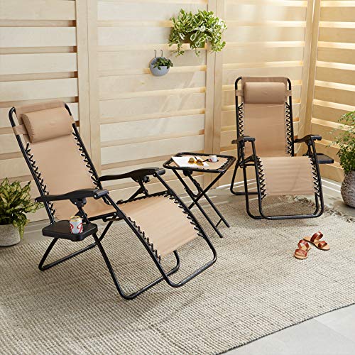 Amazon Basics Outdoor Textilene Adjustable Zero Gravity Folding Reclining Lounge Chair Set with Cup Holder, Side Table, He...