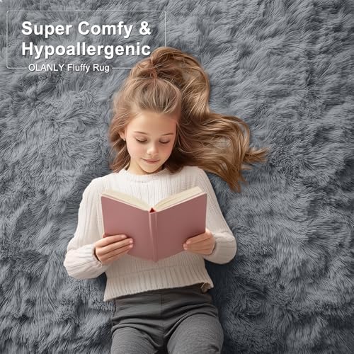 OLANLY Area Rugs for Living Room Bedroom, Machine Washable 4x5.9 ft Soft Fluffy Shaggy Bedside Rug, Indoor Floor Carpet fo...