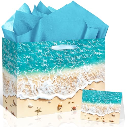 TagreSpike Beach Gift Bag with Tissue Paper and Card Summer Beach Goodie Candy Bags Seashell Blue Ocean Wave Summer Pool P...
