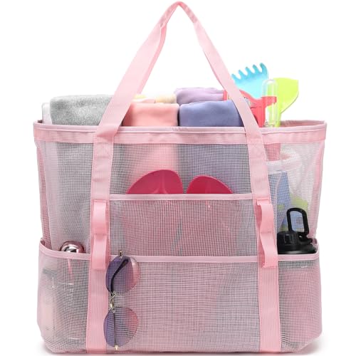 Fammart Mesh Beach Bag with Zipper, Large Beach Tote for Women, Toys Pool Swim Bag Travel Vacation Cruise Essentials