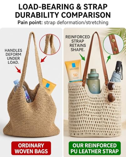 Crochet Beach Bags for Women, Reinforced Strap Woven Tote Bag with Zipper, Lined Boho Summer Vacation Travel Purse