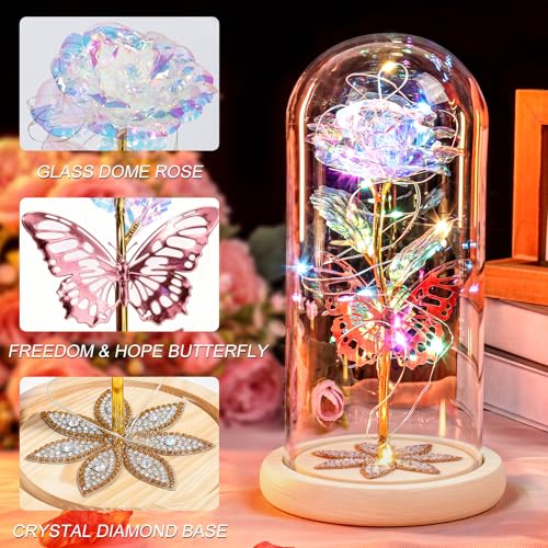 Mothers Day Rose Gifts for Mom Galaxy Glass Roses Preserved Forever Flowers for Delivery Light Up Rose in Glass Dome Anniv...