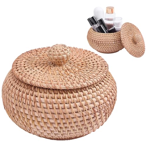 WADORN Round Rattan Storage Box with Lid, Handmade Woven Storage Basket Natural Multi-Purpose Wicker Rattan Basket Small D...