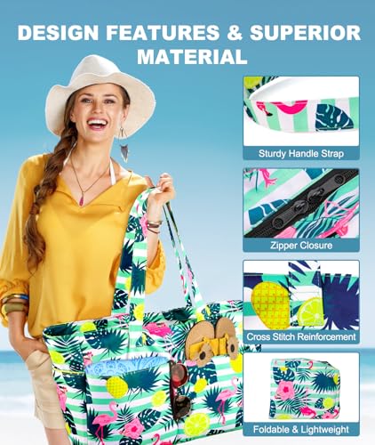 ISEYOU Extra Large Beach Bag Waterproof Beach Totes Bags for Women, Lightweight Foldable Pool Bag with Zipper Wet Compartment