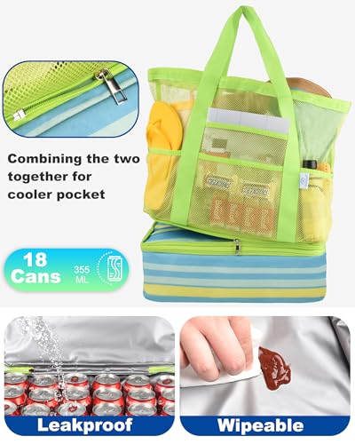 Genteen Sandproof Mesh Beach Bag with Detachable Cooler, Waterproof Zipper Tote Bag for Women Swim Pool Vacation Travel