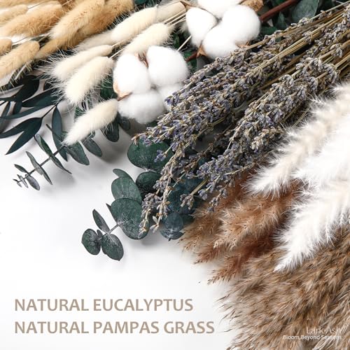 Natural Dried Flower Bouquet – Pampas Grass, Cotton Stems, Bunny Tails Grass, Eucalyptus and Lavender for Western Boho Dec...