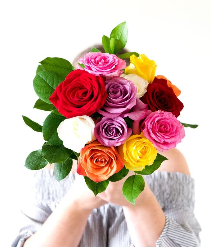 From You Flowers - One Dozen Rainbow Roses with Birthday Pick with Glass Vase