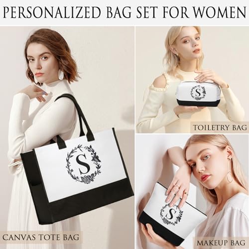 Personalized Gifts for Women, Initial Canvas Tote Bag & Makeup Bag Monogrammed Beach Tote Bags for Women w/ Zipper, Christ...