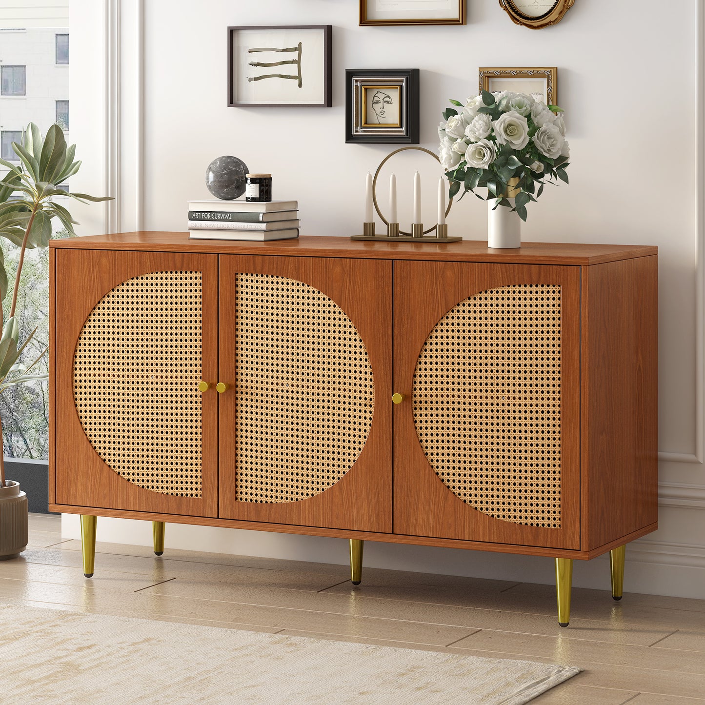 Sideboard With 3 Rattan Decorated Doors Chest Of Drawers Highboard With Metal Handles, For Bedroom & Living Rooms & Office, Walnut 129.8x 40x 76cm