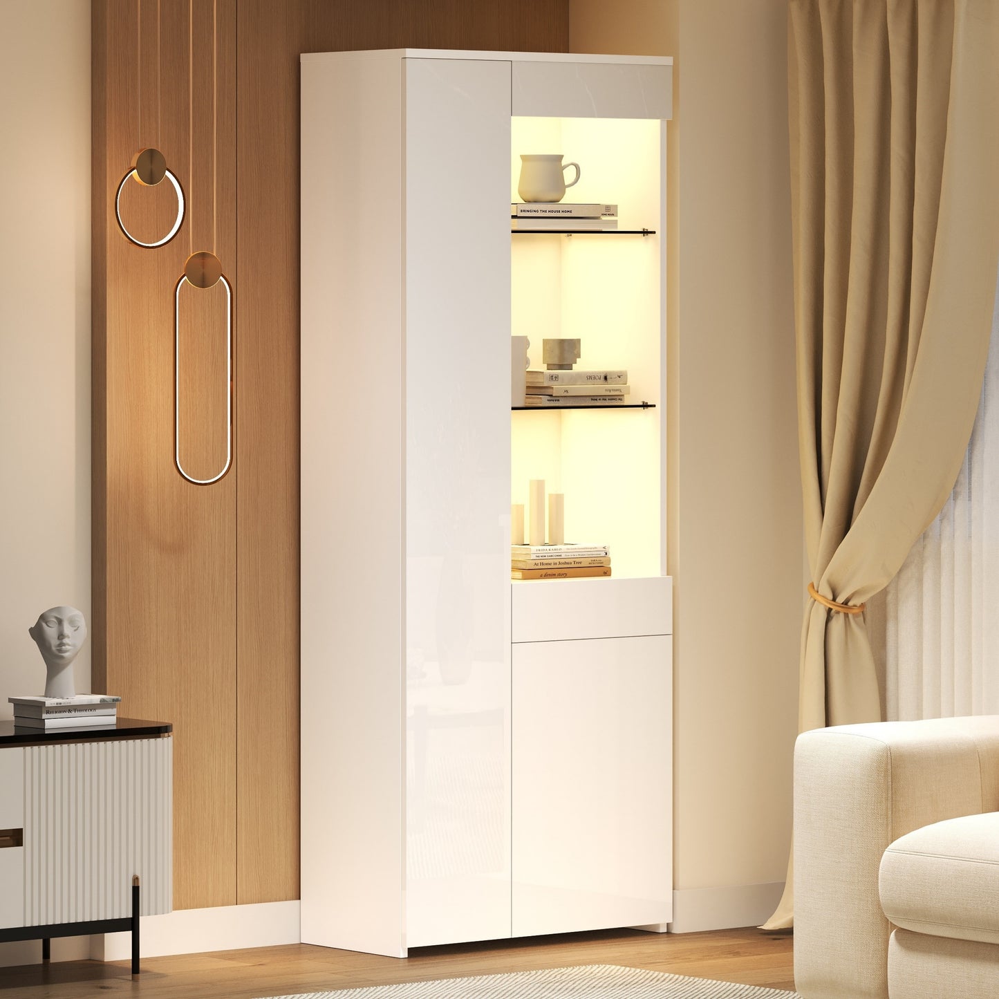 70x35x180cm Display Cabinet With Drawers, Display Case High Gloss, Glass Display Case With LED Lighting, Tall Cabinet, Highboard With Cabinet, Standing Display Case, Partition Wall Storage,