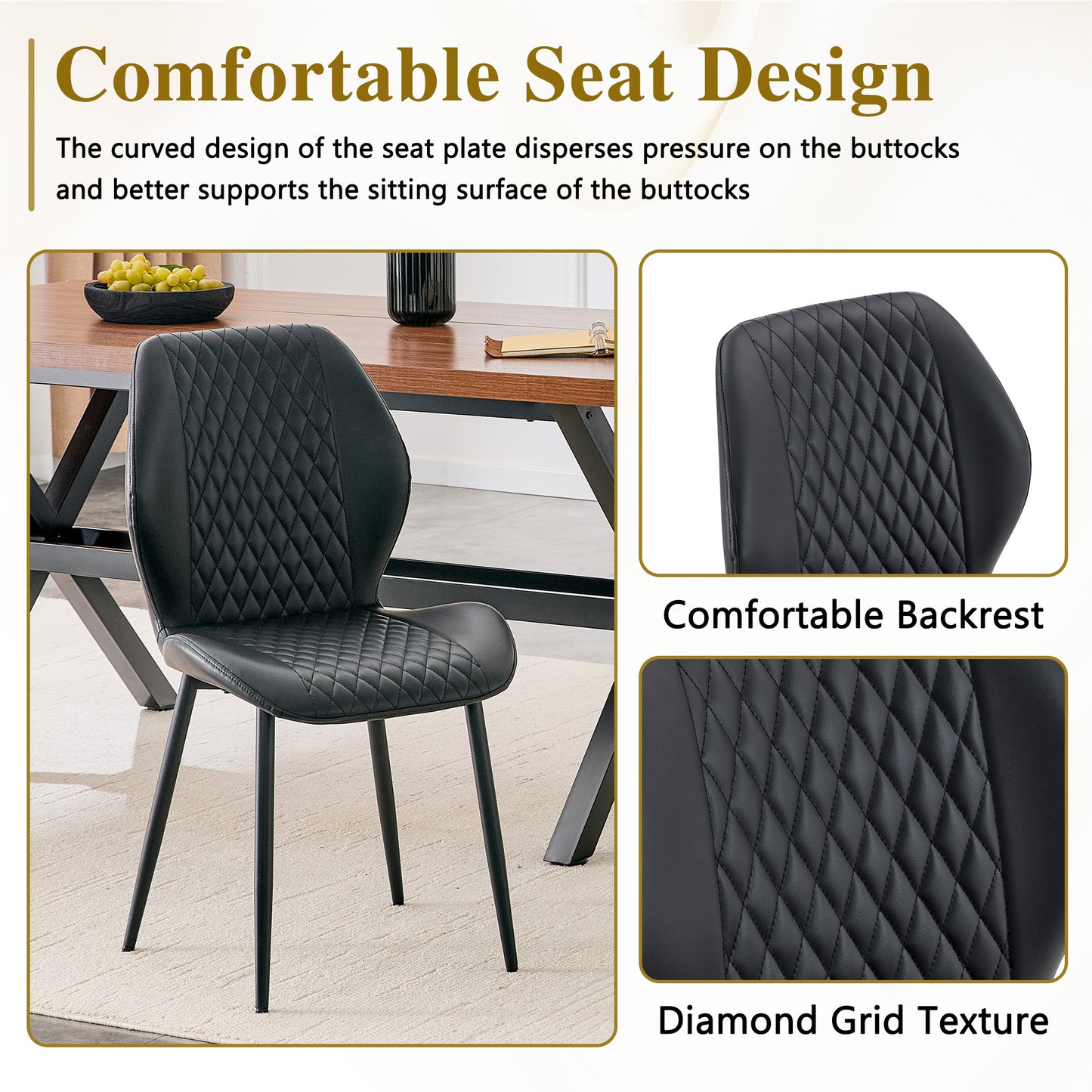 Set Of 4 Modern Light Luxury Black Diamond-quilted PU Chairs With Black Metal Legs. Suitable As Upholstered Dining Chairs With Backrests For Home Dining Rooms, Adaptable To A Wide Range Of Scenarios.