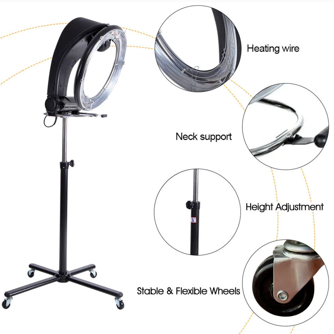 Standing Hair Dryer Accelerator Colour 360 Rotating Halo Rolling Salon EquipmentStanding Hair Dryer Accelerator Colour 360 Rotating Halo Rolling Adjustable Height 110-165cm Salon Equipment 2 2m Cord