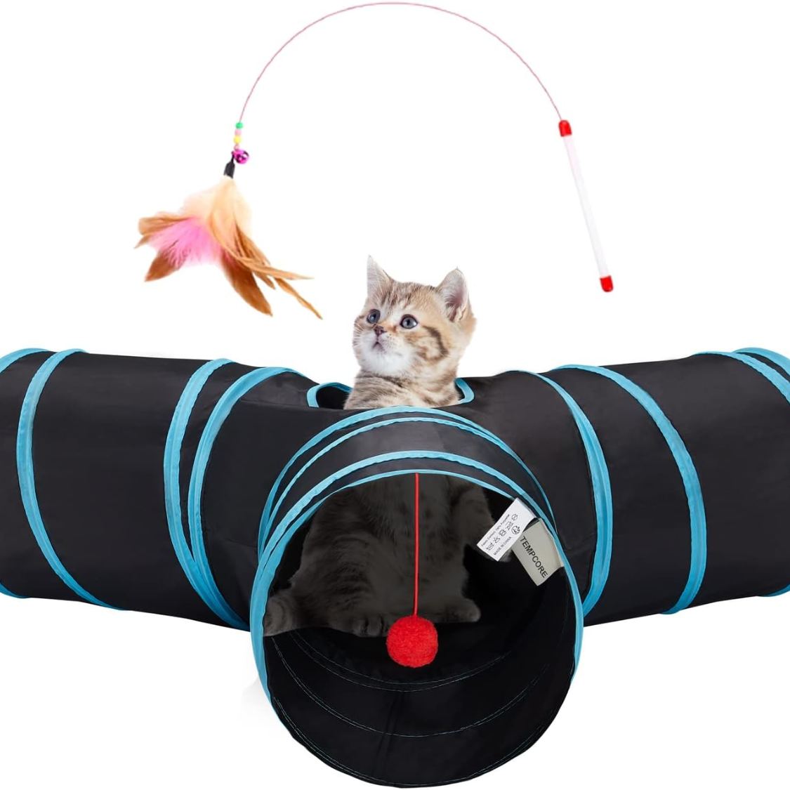 Pet Cat Tunnel Tube Toys 3 Way Collapsible, Tunnels For Indoor Cats, Interactive Tube With Teaser Wand, Peek Holes
