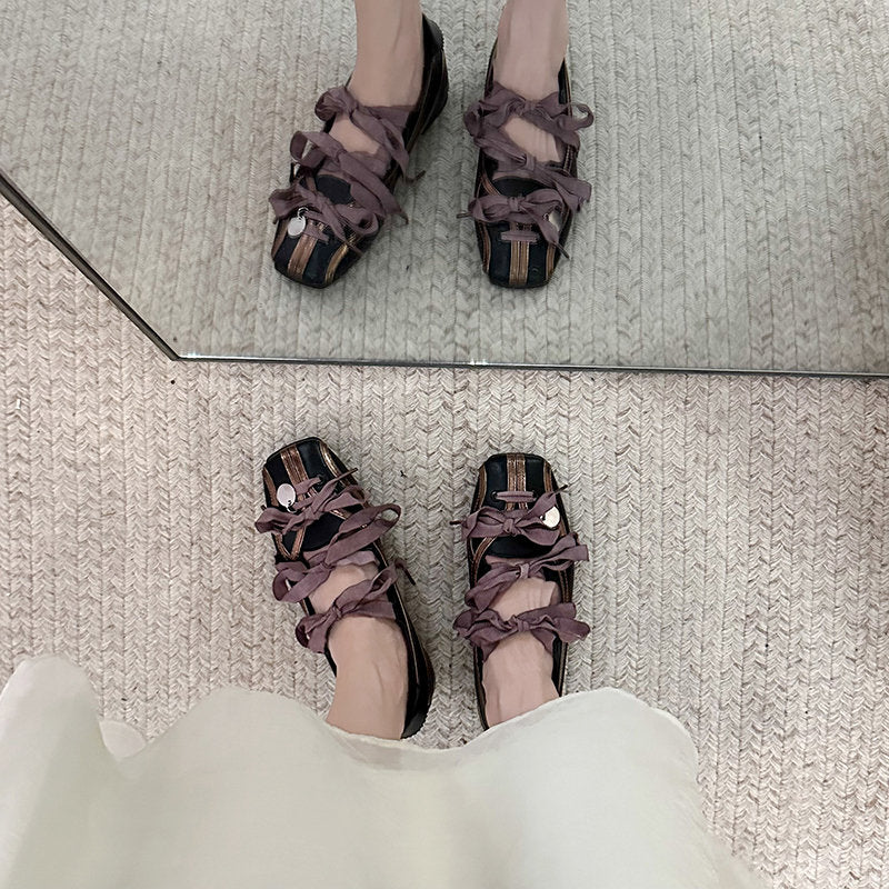 Women's French Minimalist Ballet Style Bowling Shoes, 2025 New Bow Lace-Up Mary Janes, Flat Sporty Pumps