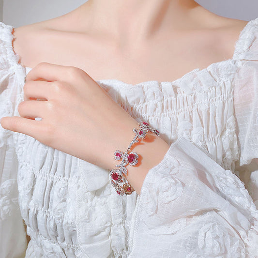 Heavy Craft Floral Bracelet For Women, Scarlet Tone Simulated Zirconia Full Pave Rhinestone Hollow Silver Tone Hand Jewelry Light Luxury Sweet Daily Accessories