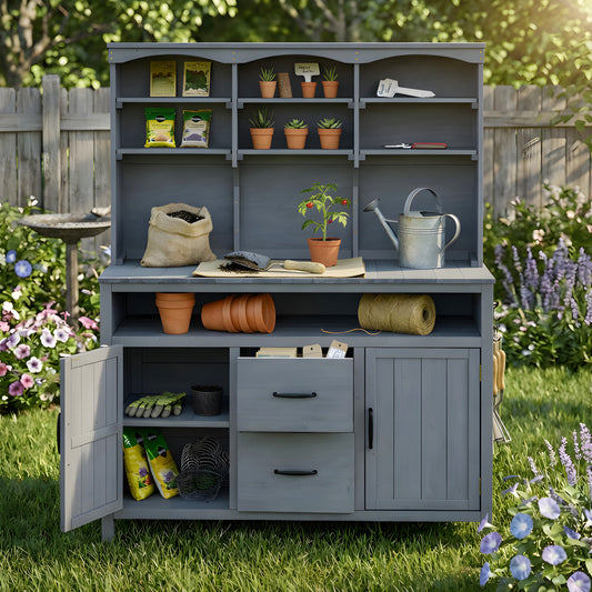 With Assembly Video TOPMAx Large Fir Wood Potting Bench  45.3 L Multi- Functional Outdoor Patio Kitchen Island With Hutch  Cabinets  Drawers & Hooks   Large Countertop For Gardening  Grill  Gray
