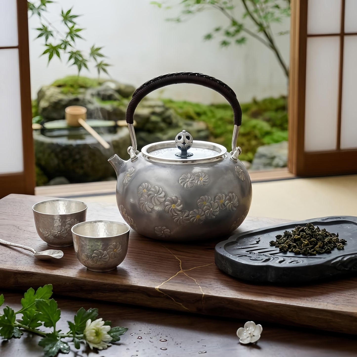 925 Sterling Silver Artisanal Silver Tea Vessel with Intricate Floral Patterns and a Rattan-Wrapped Handle - Handicraft