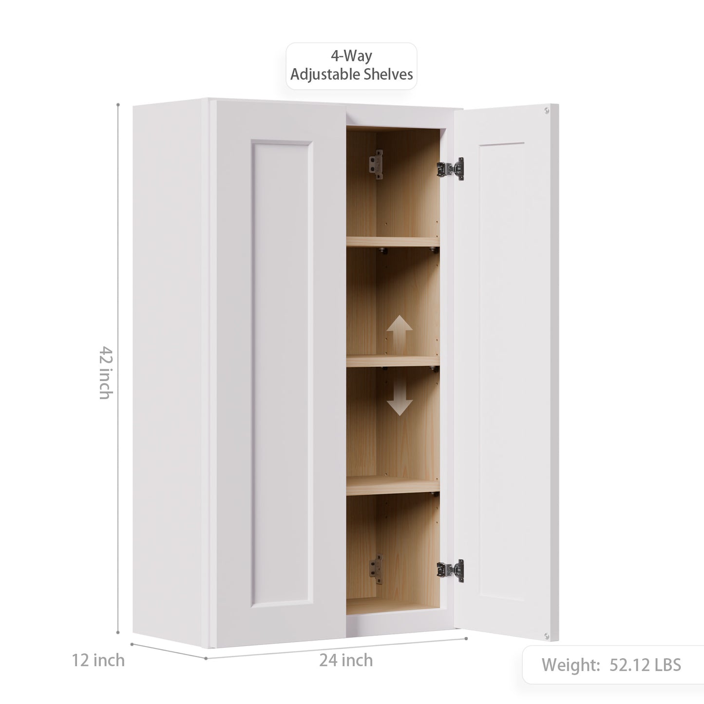 White Shaker Solid Wood Wall Cabinet With Soft-Close Doors, Adjustable Shelves - 24  Double Door Storage For Kitchen, Bathroom, Laundry, Garage  Easy Assembly, 24 W X 12 D X 42 H