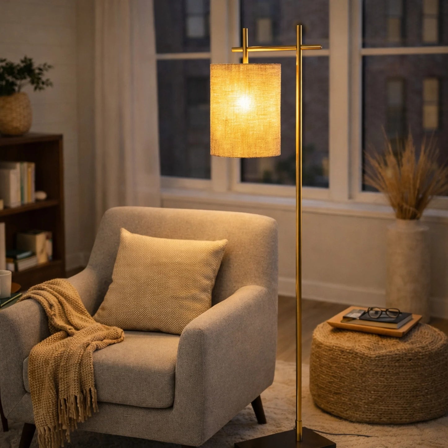 Tall Corner Floor Lamp, Standing Light For Living Room, Bedroom & Office Space Illumination Brizo Bamboo Lampshade Floor Lamp Dark Brown And Bronze 110V