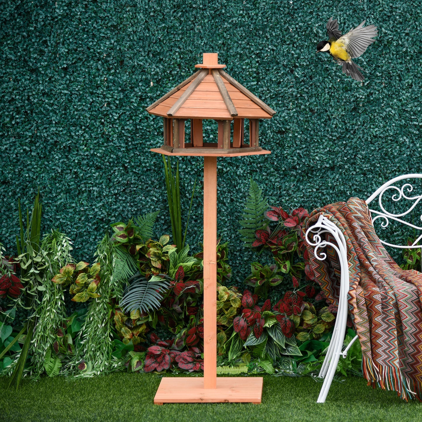 PawHut 130cm Wooden Bird Table, Feeding Station With Roof For Outdoor, Brown