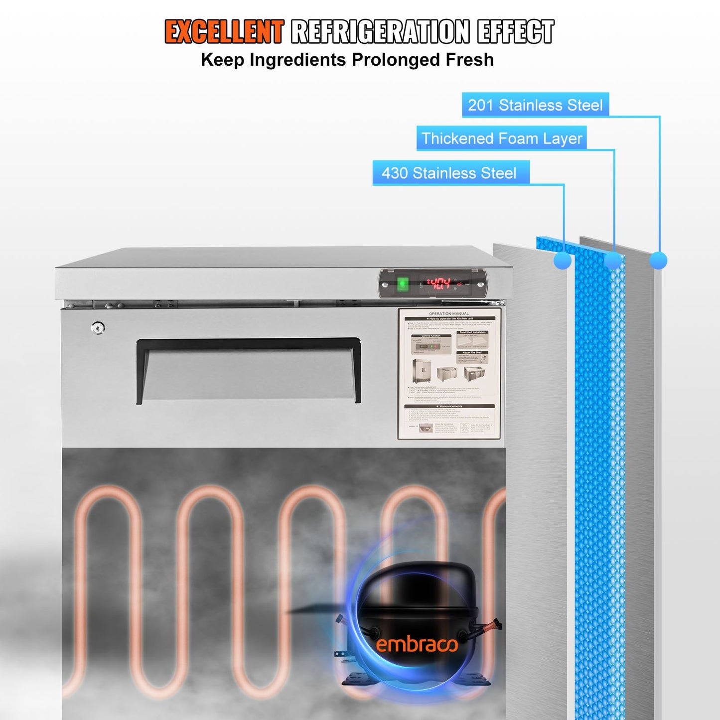 Commercial Refrigerator, 28' Undercounter Worktop Refrigerator, 7.4 Cu. Ft Thick Stainless Steel Refrigerated Food Prep Station Fan Cooling Single Door Worktop Fridge With Lock For Bar