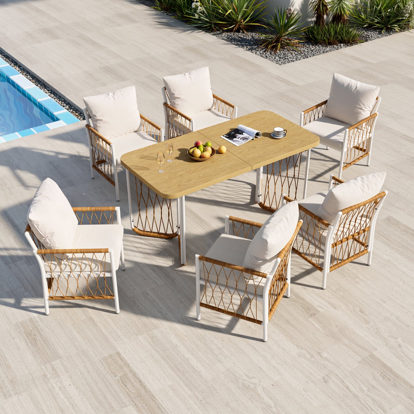 Modern Outdoor Set , Leisure And Meeting Set For Several People , Iron Frame , Braided Armrests , Seat Cushion Included