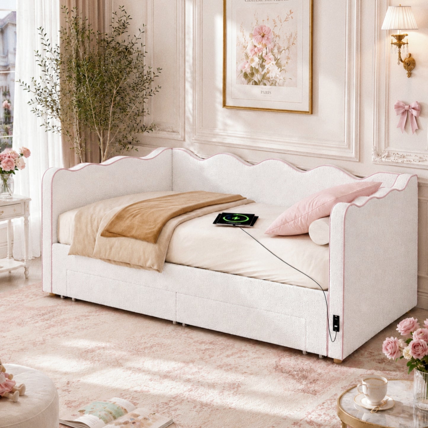 Daybed Sofa Bed With Pull-Out Trundle, Upholstered Single Bed 90 X 190 Cm Extends To 180 Cm, With 2 Storage Drawers, USB Charging Port & Padded Side Panels, Boucle, Beige