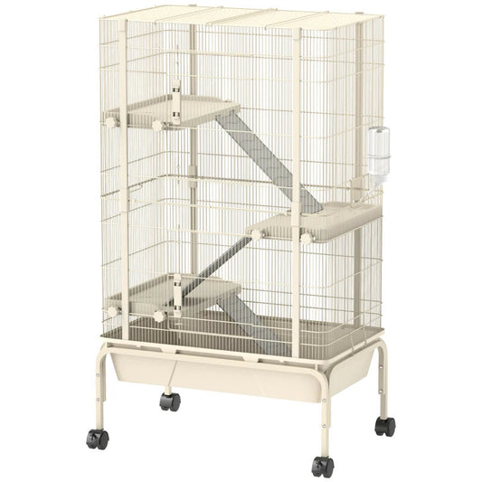 47inch Small Animal Cage, 4 Levels Large Rolling Metal Ferret Cage W 5.9Deep Tray, Ramps, Water Bottle, Food Dish, Beige