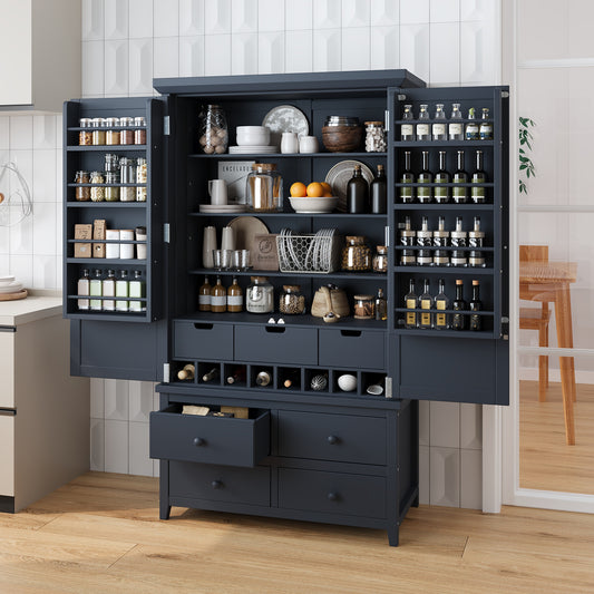Assembly&Show Video Available TOPMAx Freestanding Large Kitchen Pantry Wooden Kitchen Storage Cabinet Cupboard With 8 Door Shelves 3 Adjustable Shelves 7 Drawers& 8 Wine Racks  Gray
