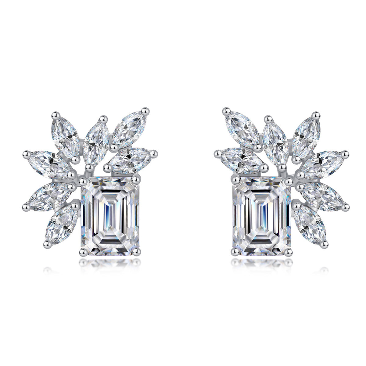 S925 Sterling Silver Emerald Cut Moissanite Stud Earrings, 6x8mm D-VVS1 Leaf Design, Platinum Plated 4.8g Jewelry Gift Box Set