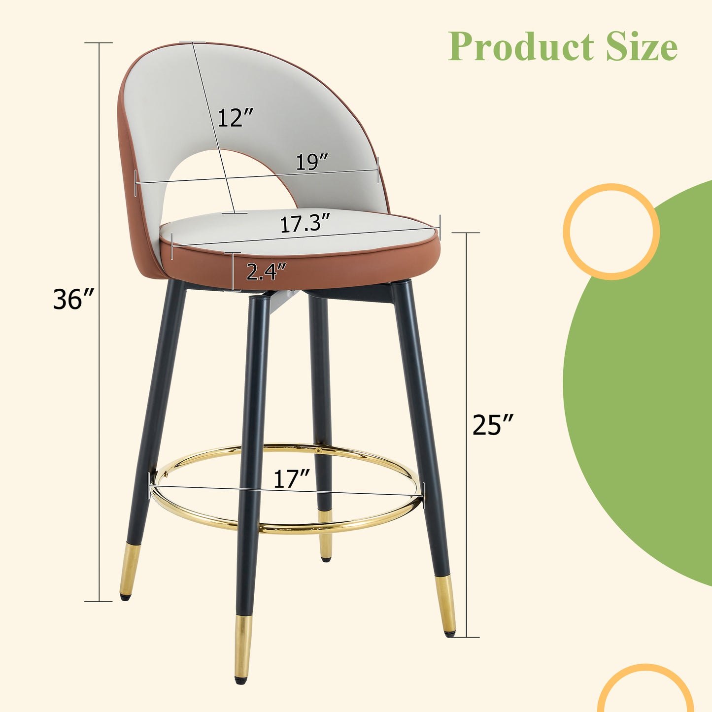 360  Rotatable Bar Chair.Modern Brown And Light Gray Spliced Color PU Comfortable Upholstered Bar Chair With Smooth And Beautiful Black Metal Legs For Dining Room, Kitchen, Terrace.Set Of 2.