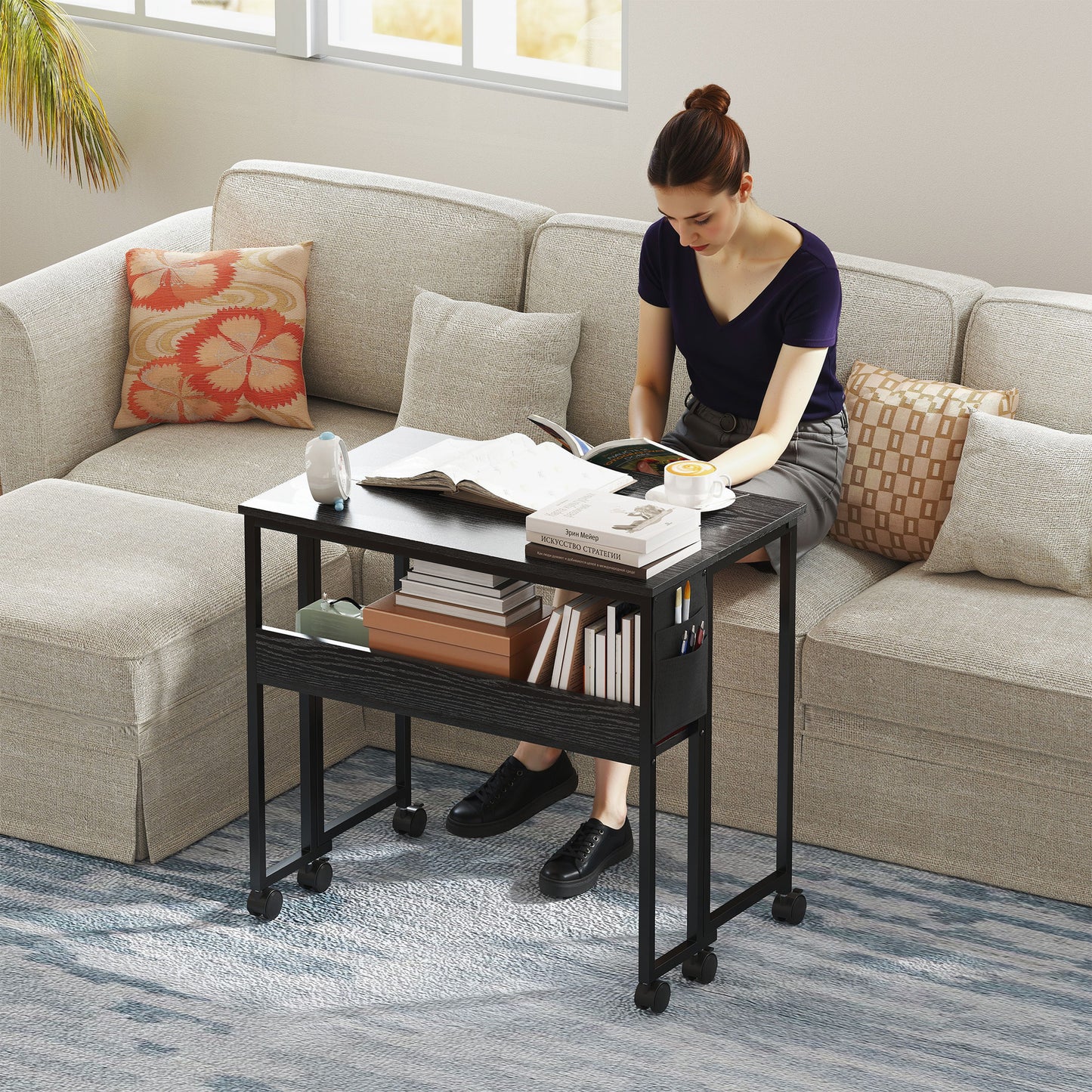 Folding Computer Desk, Foldable Desk with Storage Bag, Shelf and Wheels for Small Spaces, Home Office, Black