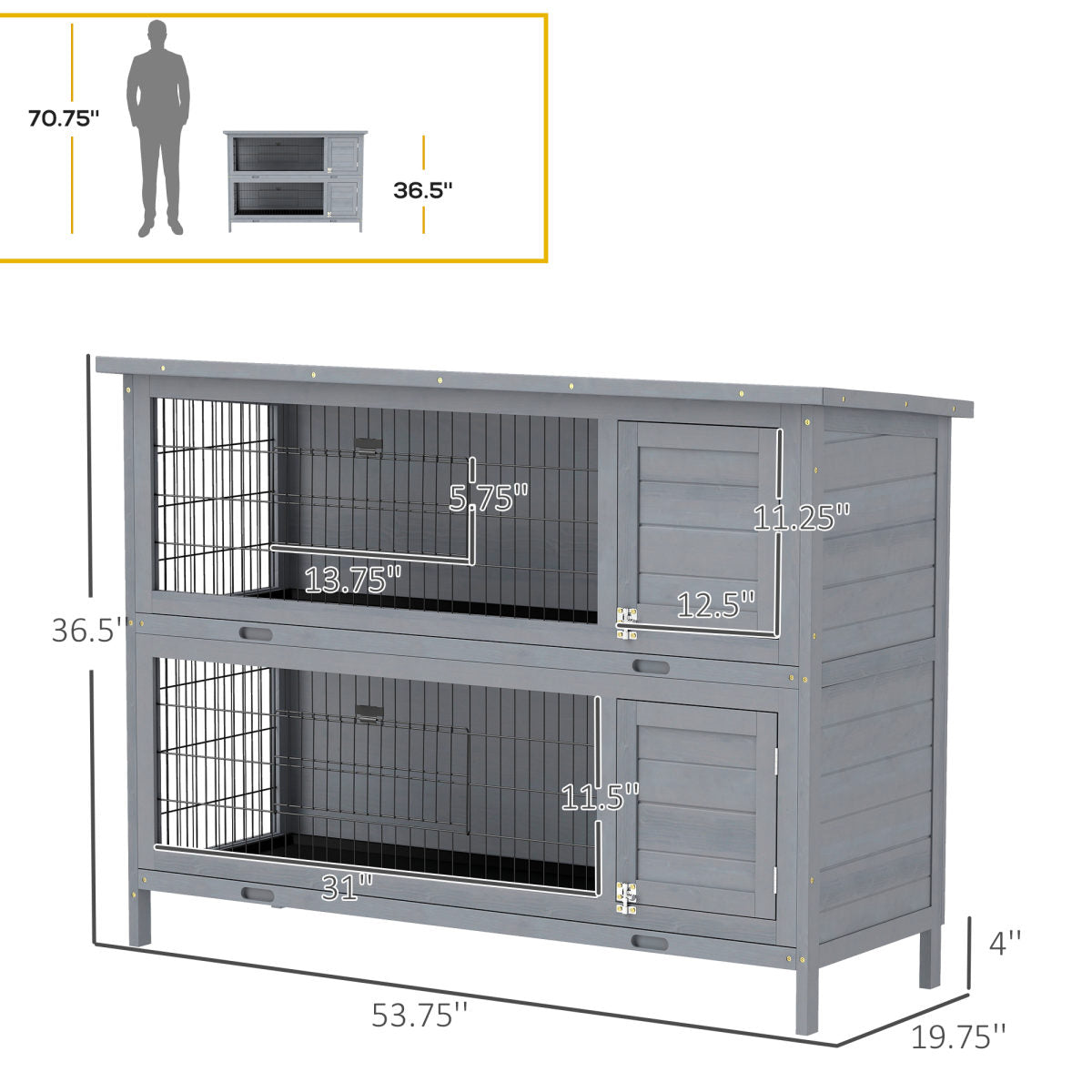 54" 2-Story Large Rabbit Hutch Bunny Cage Wooden Pet House Small Animal Habitat with Lockable Doors, No Leak Tray and waterproof Roof for Rabbits, Chickens, Ducks, Outdoor/Indoor Gray