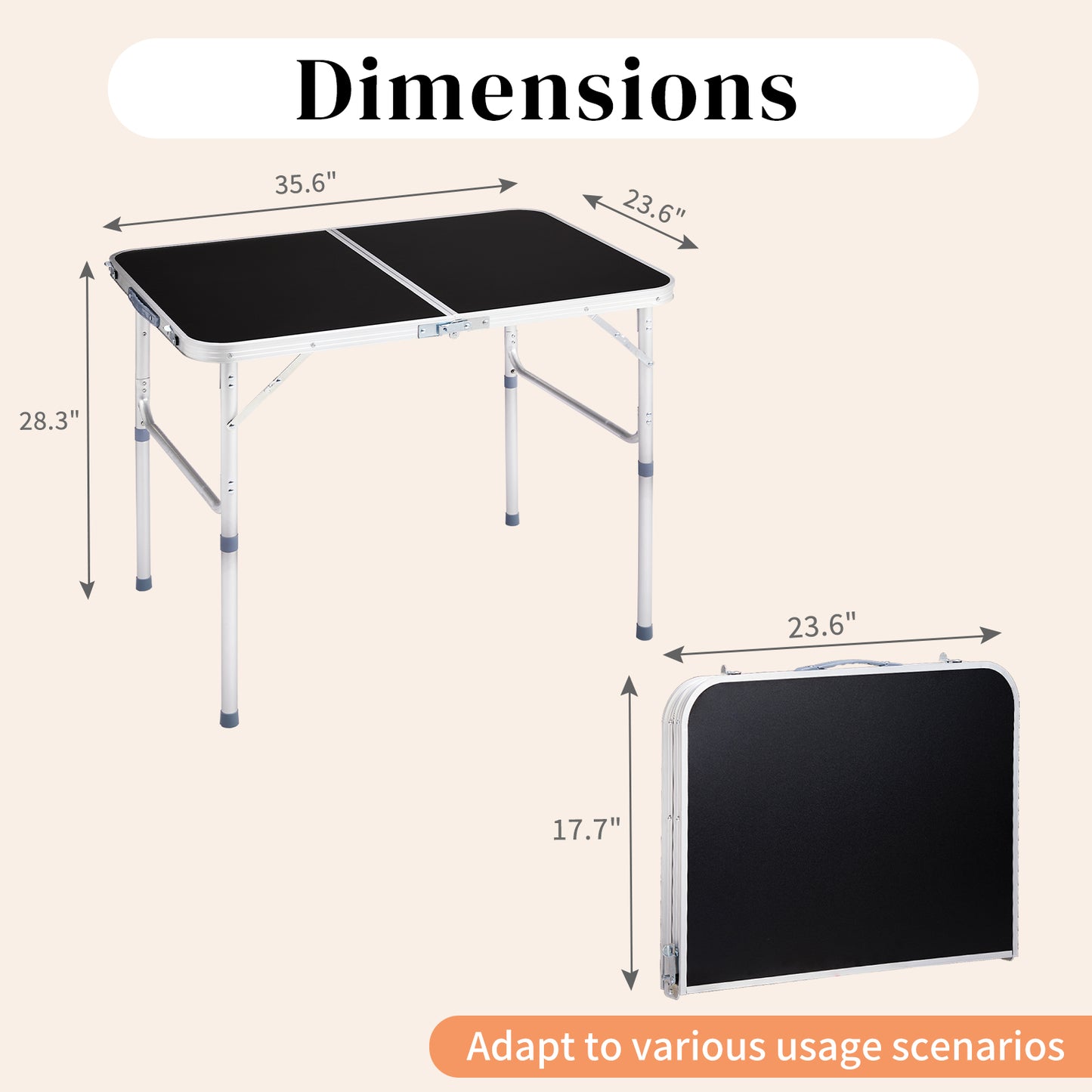 3ft  90-60cm Aluminum Folding Table Portable Outdoor Camping Picnic Desk Black