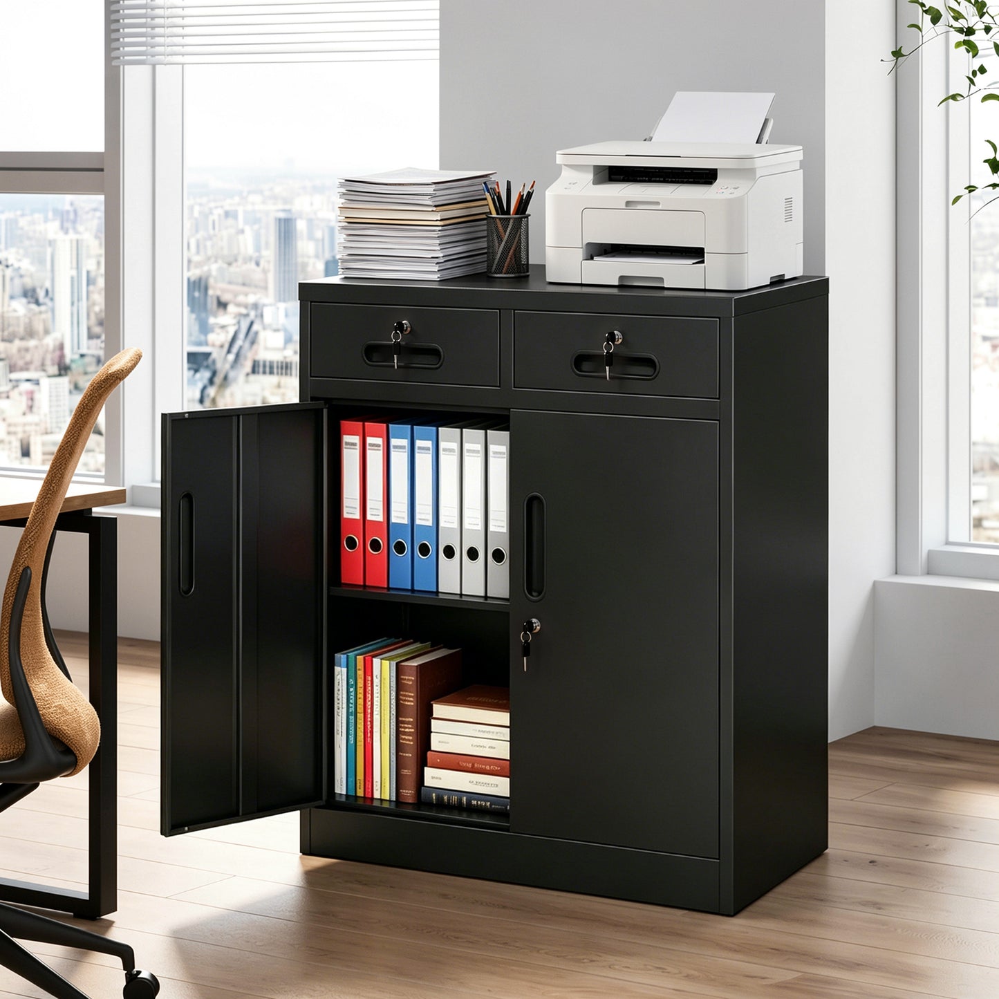 Metal Storage Cabinet With Lock And Two Drawers, 2-Door Office Storage Cabinet With 1 Adjustable Shelves, Heavy Duty Steel File Cabinet For Home, Office, Garage, School  Black, 35.5 H
