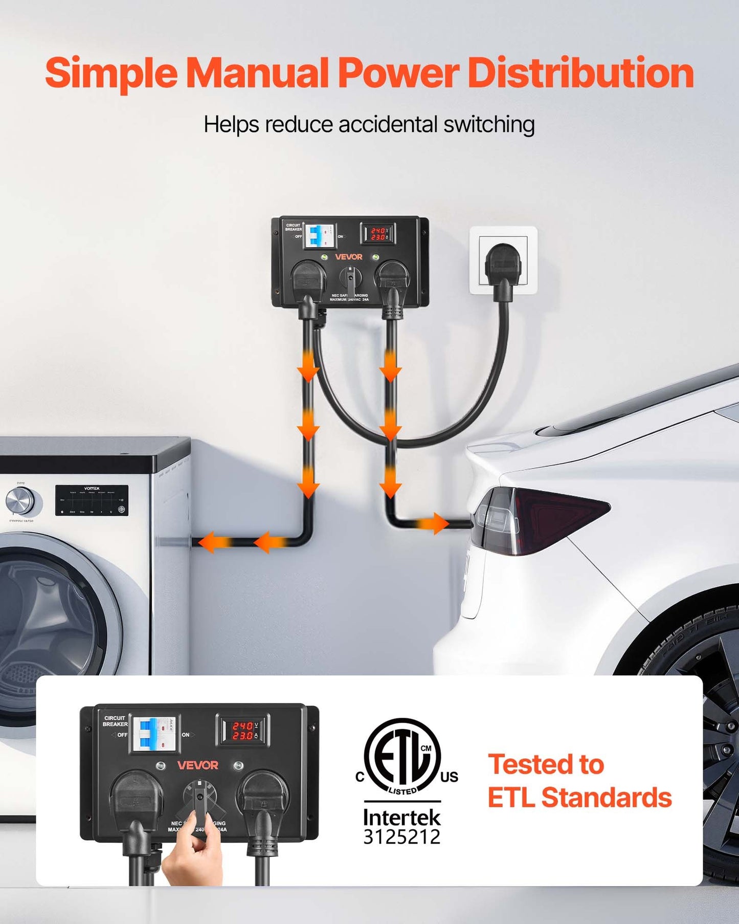 Manual EV Charging Switch, NEMA 14-30P To 14-30R & 14-50R, Splitter Switch For Dryer & EV, 24A Max 240V Manual Power Distribution With Circuit Breaker, Hand-Operated Selector, Plug And Play, ETL