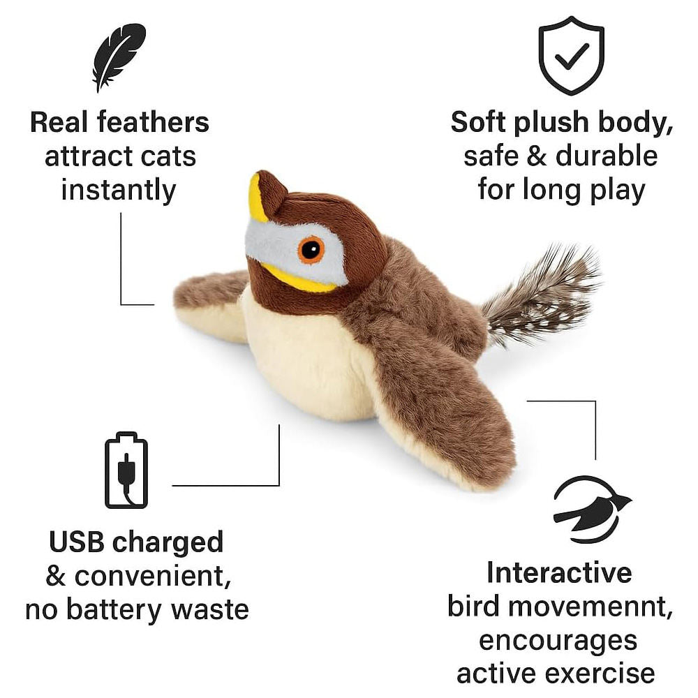 USB Rechargeable Flapping Bird Cat Toy, Realistic Chirping White Faced Sparrow Plush Toy, Motion Activated Electronic Interactive Pet Toy For Indoor Cats Exercise