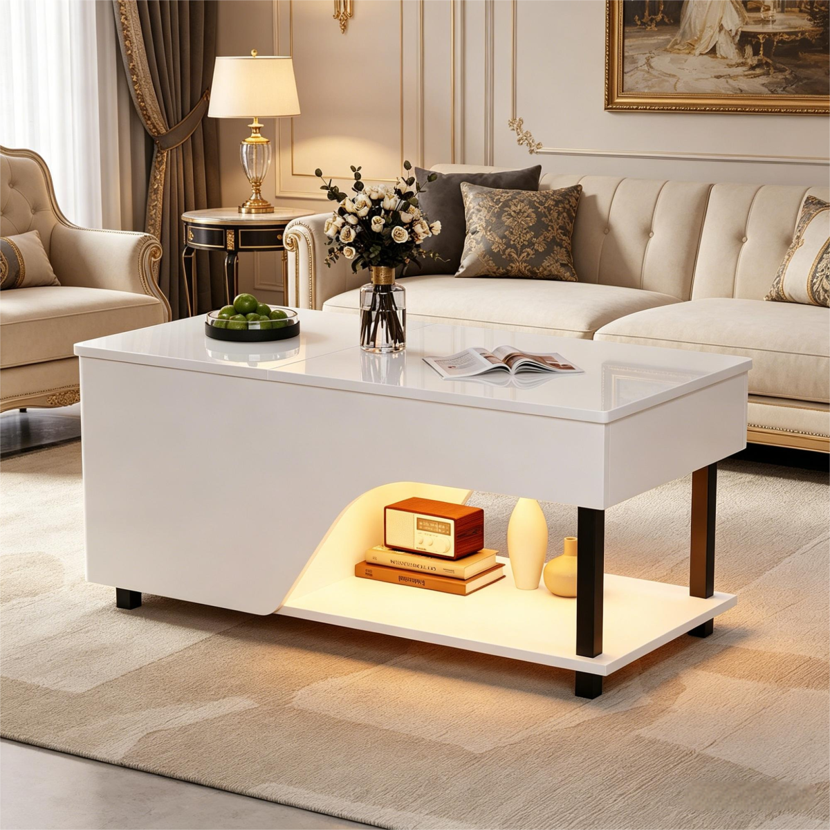 50 X 100 X 46cm Height Adjustable Living Room Coffee Table,Side Table With Hidden Storage,Openwork Coffee Table,High Gloss LED Sofa Table,Tea Table With Side Shelf,White