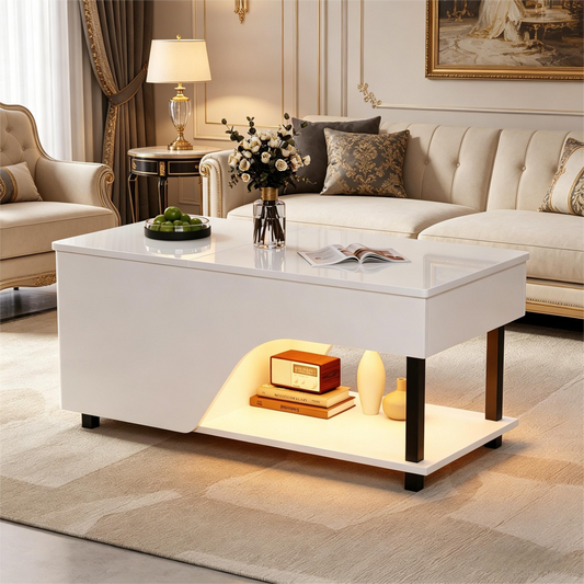 50 X 100 X 46cm Height Adjustable Living Room Coffee Table,Side Table With Hidden Storage,Openwork Coffee Table,High Gloss LED Sofa Table,Tea Table With Side Shelf,White