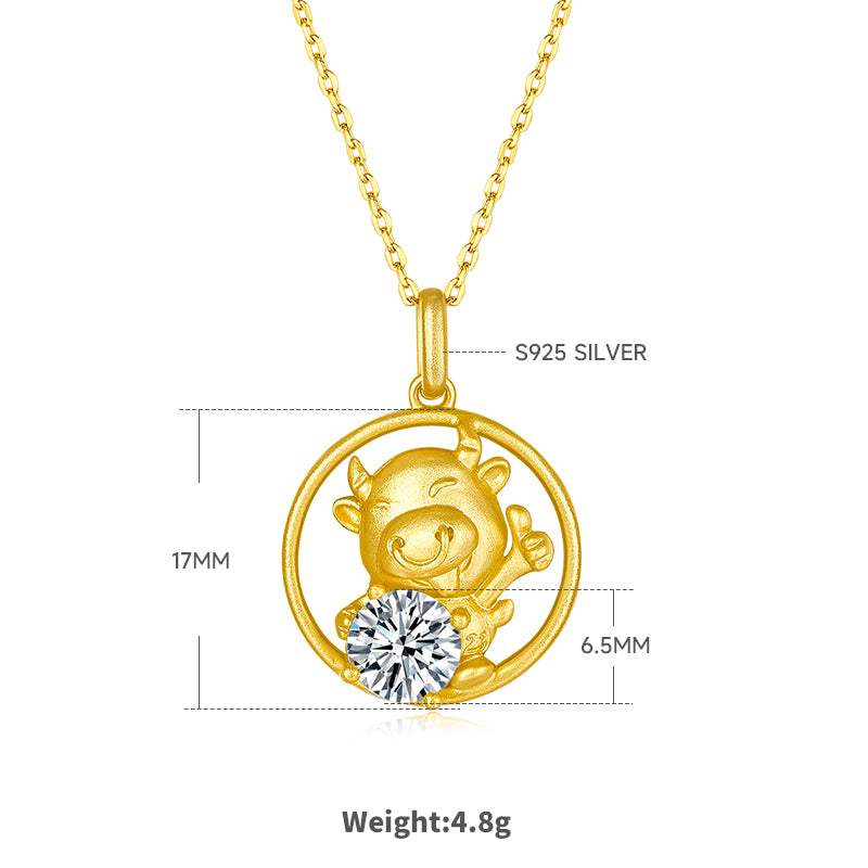 S925 Sterling Silver Gold Plated 1ct D Color VVS1 Moissanite Ox Necklace 4.8g Chinese Zodiac Benmingnian Gift GRA Certified Gift Box
