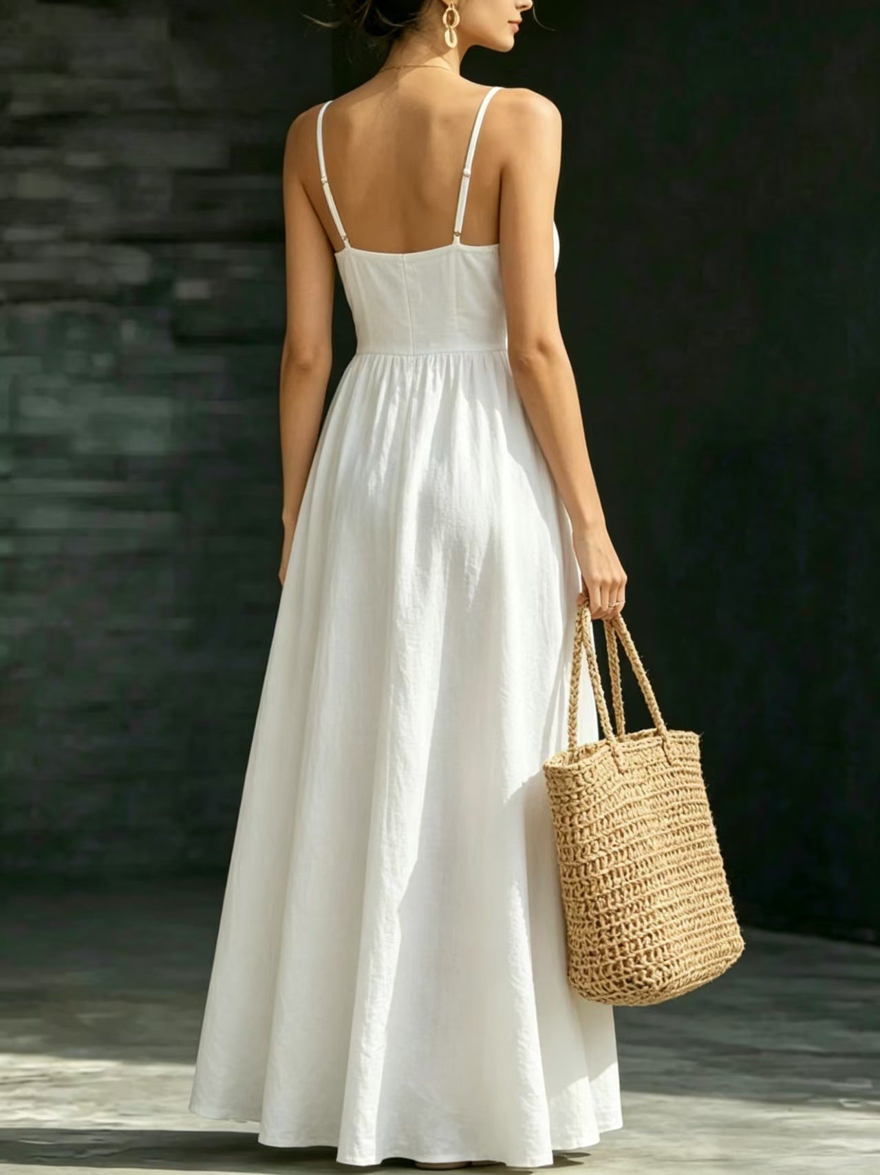 Summer V-Neck Spaghetti Strap Maxi Dress With Pockets - Elegant Vacation & Office Wear For Women
