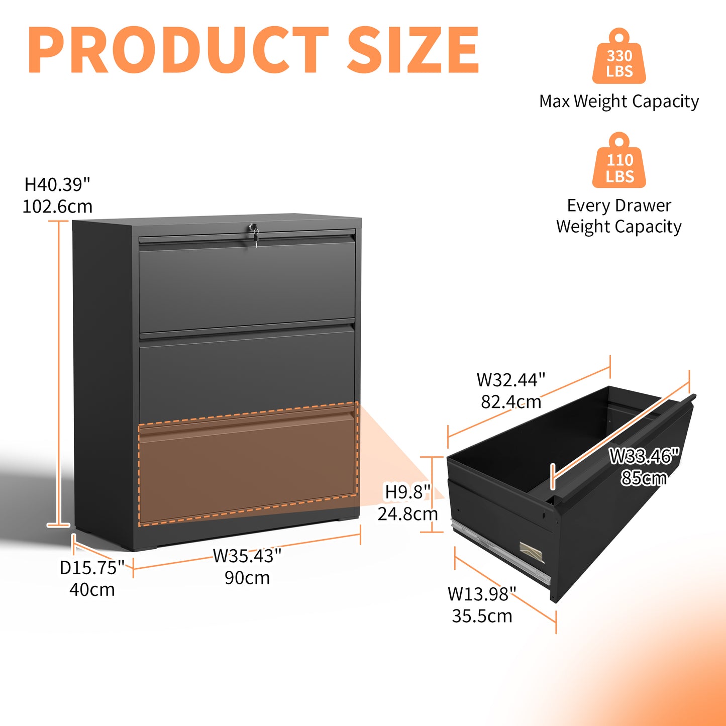 Lateral File Cabinet 3 Drawer, Black Filing Cabinet With Lock, Lockable File Cabinet For Home Office, Locking Metal File Cabinet For Legal Letter A4 F4 Size