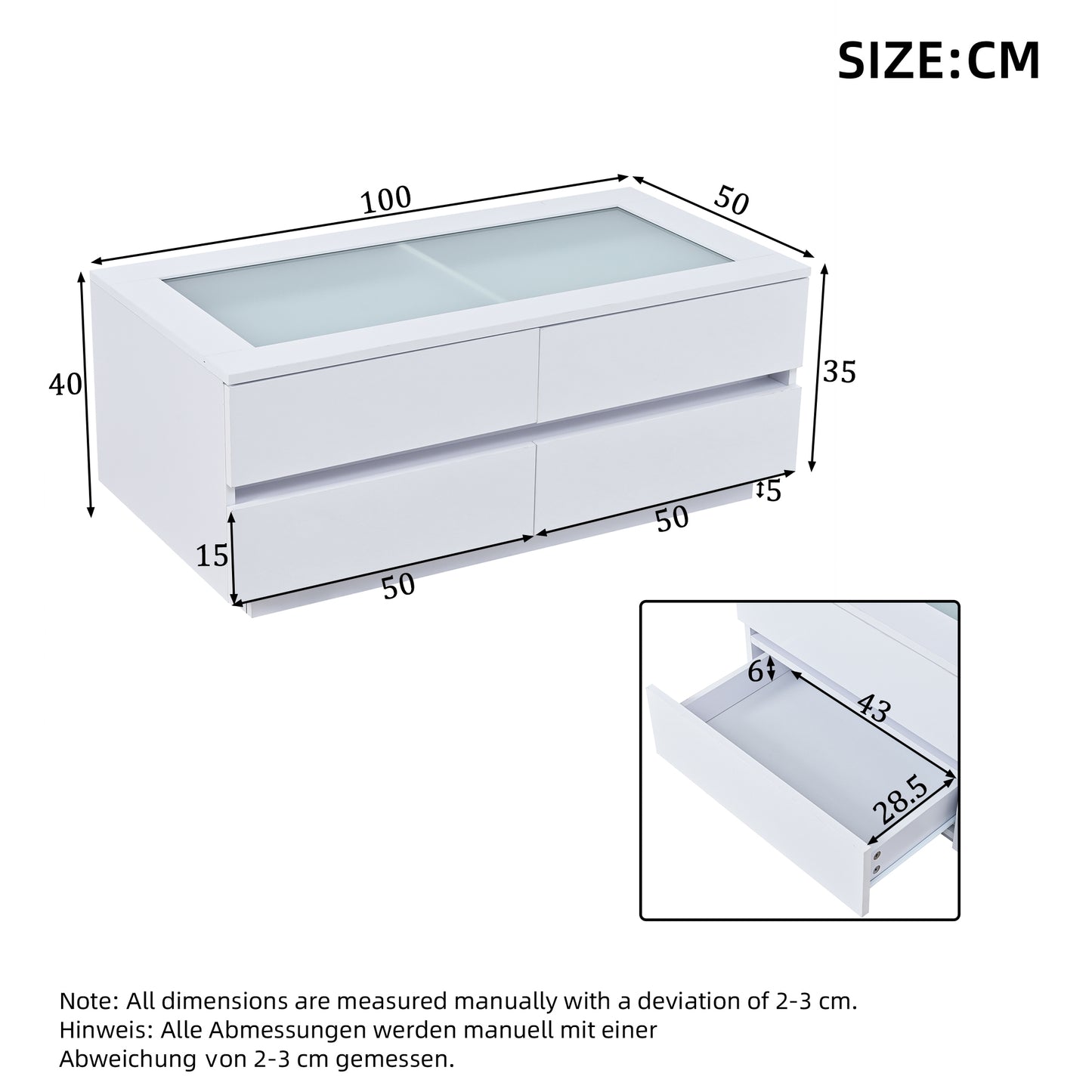 Modern White Coffee Table 100x50x40cm, Coffee Table With 4 Drawers, LED Lighting, Tempered Glass Top And High-gloss Fronts, Stable Living Room Table Made Of Chipboard With 35kg Load Capacity