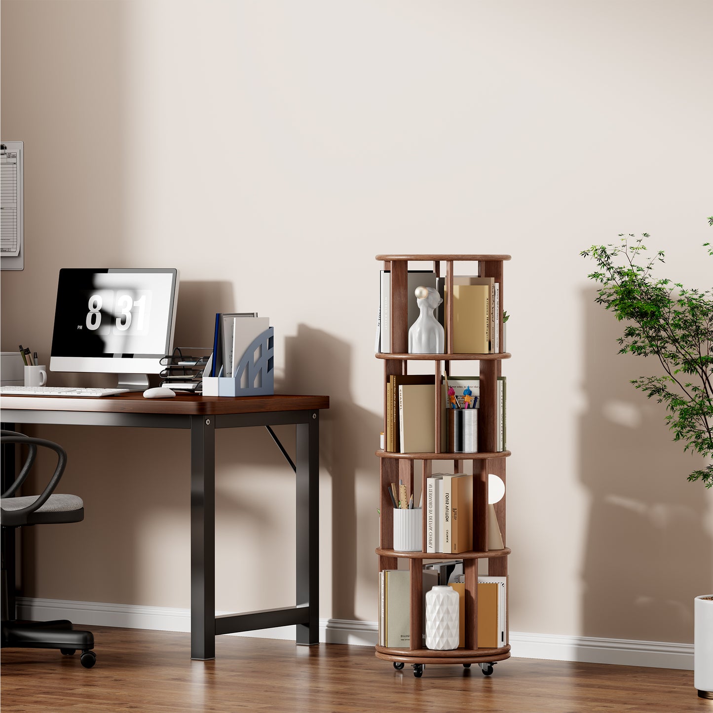 Solid Wood Rotating Bookshelf On Wheels, 4 Tier, Round Revolving Bookcase, 360 Spinning Book Shelf Tower For Kids, Narrow Rolling Bookshelves For Small Space, Corner, Bedroom, Office, Walnut