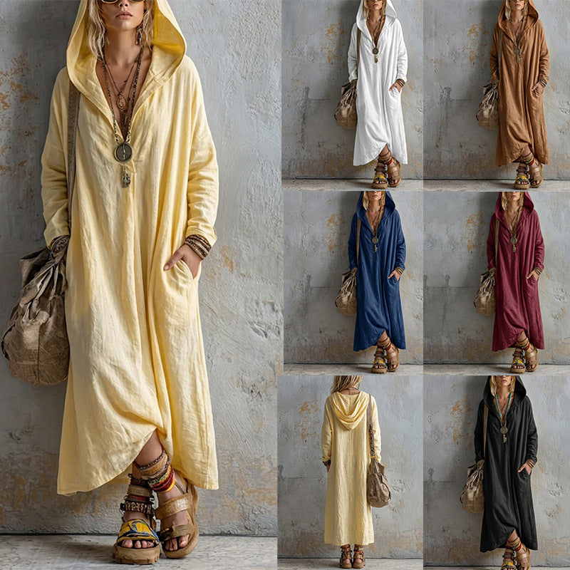 Autumn New Hooded Linen Long Dress With Long Sleeves