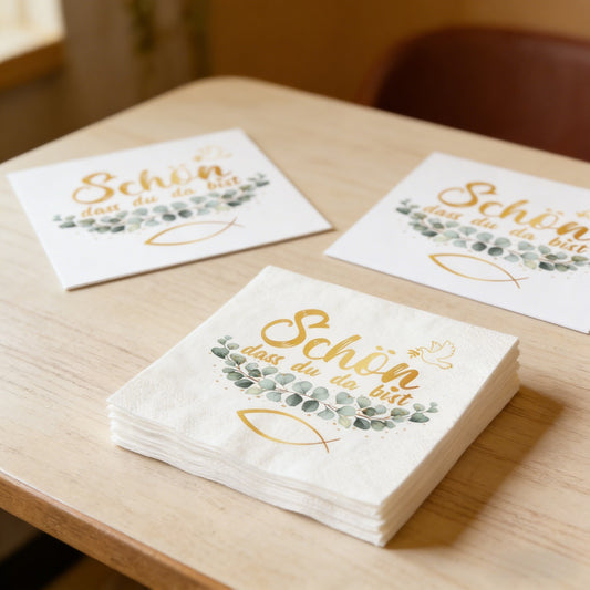 Communion Napkins, 40-Pack, Fish & Leaf Design, Festive Table Decor For Baptisms And Confirmations—White Paper Napkins With Green Leaves—Party Decor
