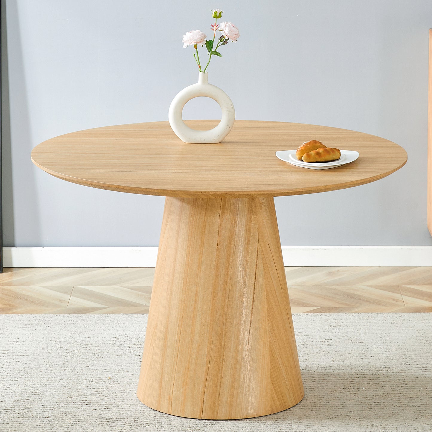 Modern Minimalist MDF Wood Texture Stickers Circular Dining Table. The Computer Desk. The Game Table. Suitable For Dining Room, Living Room, Terrace And Kitchen.
