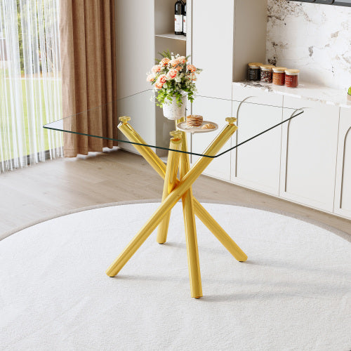 Modern Gold Bar Table With Tempered Glass Top, Sturdy Cross Metal Legs Pub Table For Home Bar, Kitchen Island, Living Room